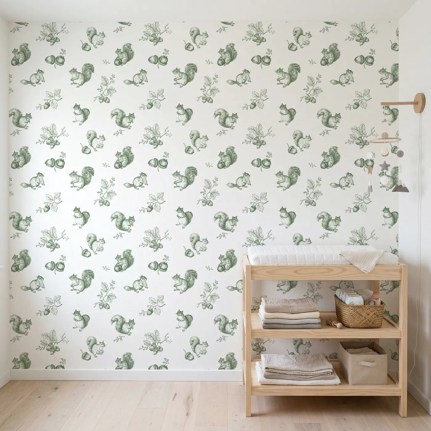 Squirrel Toile Rows in Green wallpaper in a styled nursery - Whimsy Tots