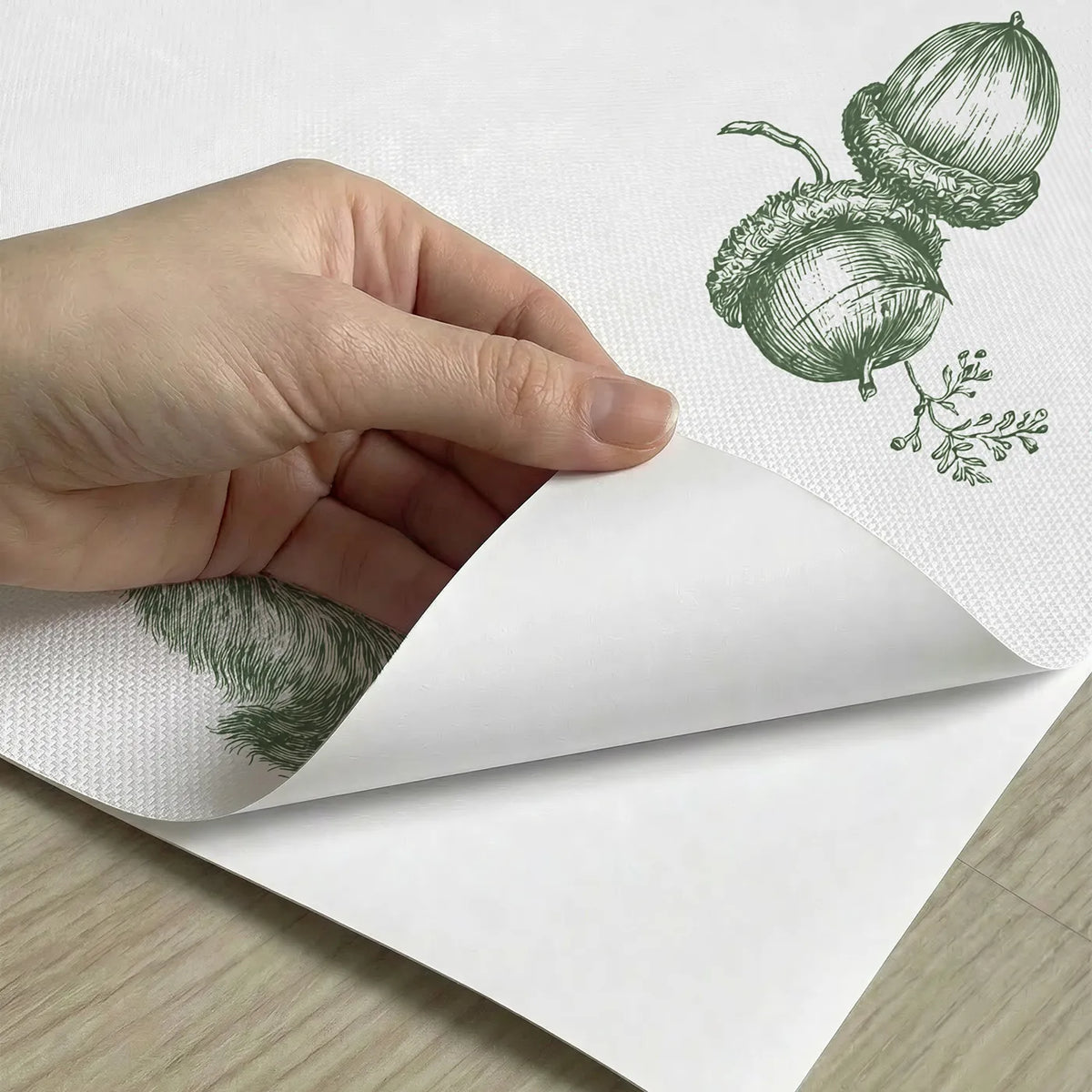 Squirrel Toile Rows in Green peel and stick material close-up - Whimsy Tots