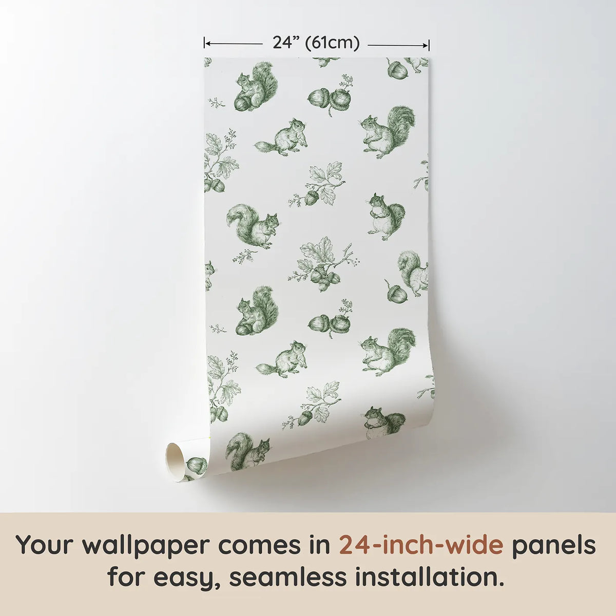 Squirrel Toile Rows in Green wallpaper panel dimensions - Whimsy Tots
