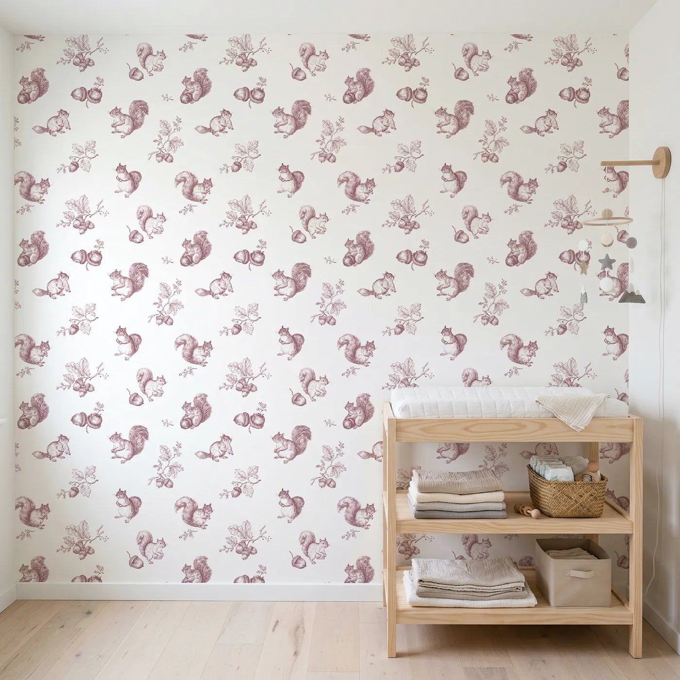 Squirrel Toile Rows in Pink wallpaper in a styled nursery - Whimsy Tots