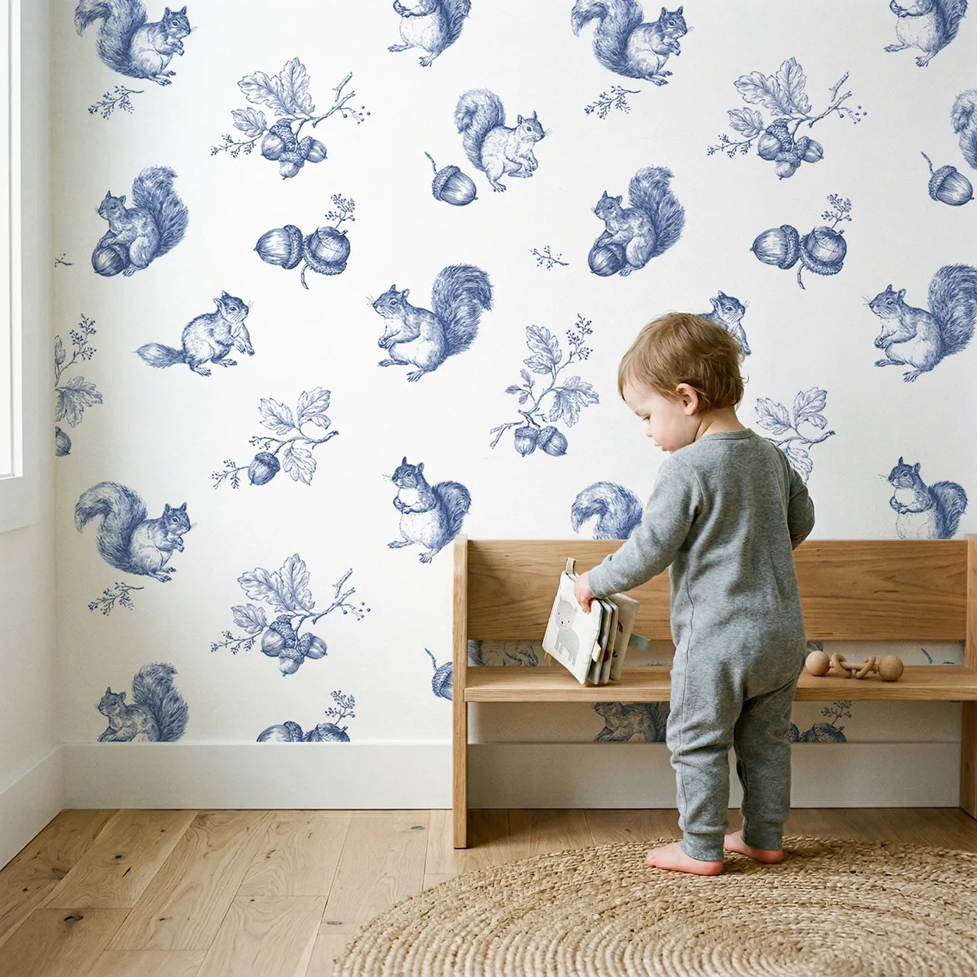 Squirrel Toile Rows wallpaper in a cozy kids room - Whimsy Tots