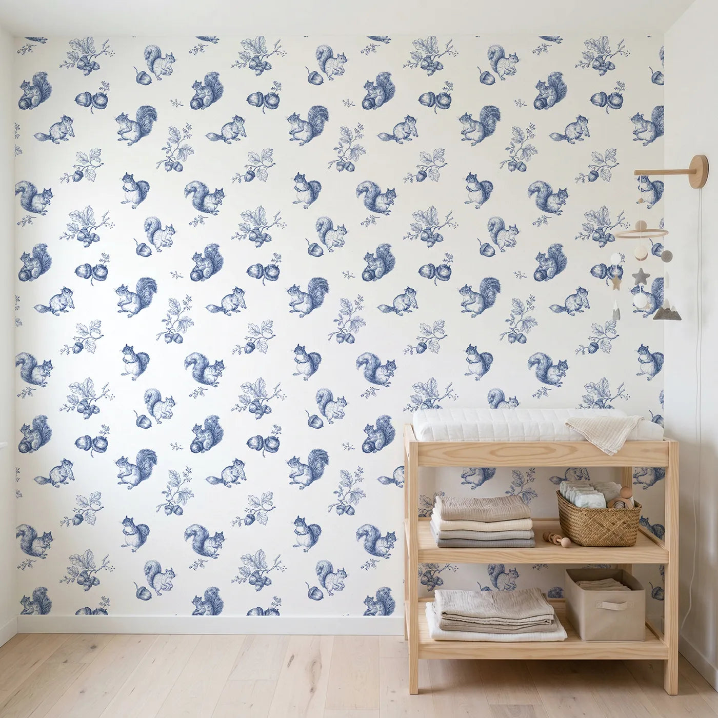 Squirrel Toile Rows wallpaper in a styled nursery - Whimsy Tots