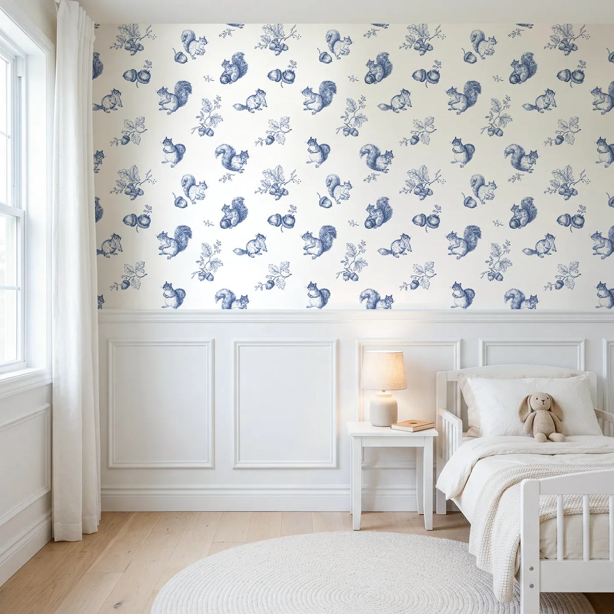 Squirrel Toile Rows wallpaper above wainscoting - Whimsy Tots