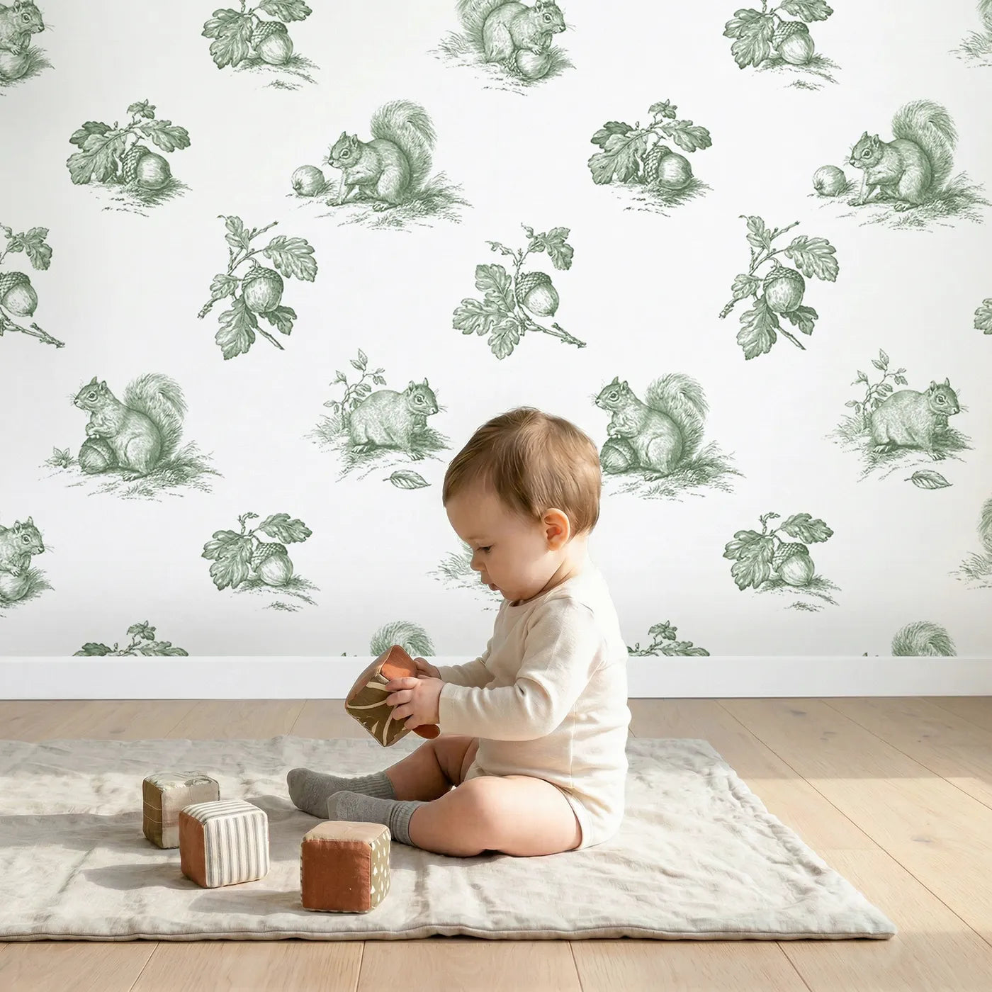 Squirrel Toile Scene in Green wallpaper in a cozy kids room - Whimsy Tots