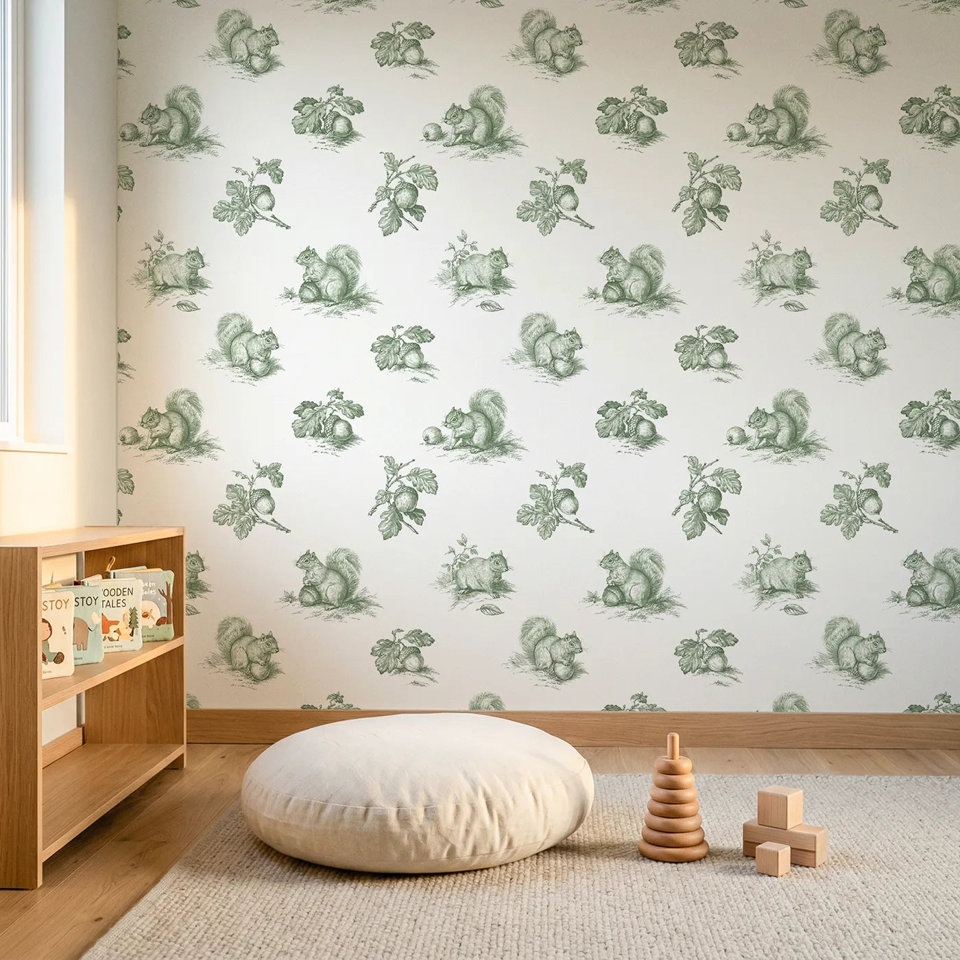 Squirrel Toile Scene in Green wallpaper in a styled nursery - Whimsy Tots