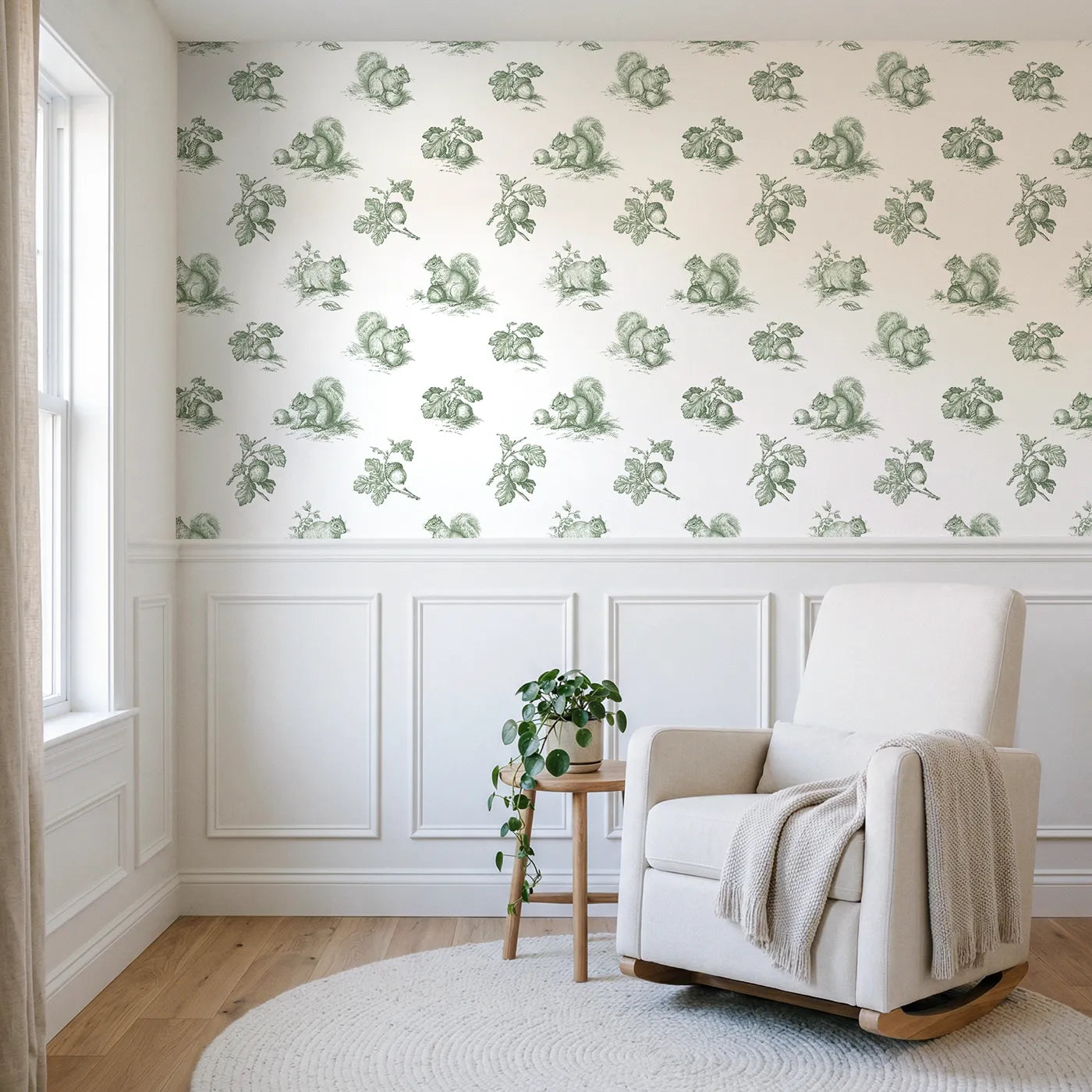 Squirrel Toile Scene in Green wallpaper above wainscoting - Whimsy Tots