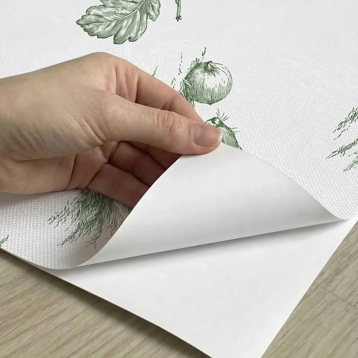 Squirrel Toile Scene in Green peel and stick material close-up - Whimsy Tots