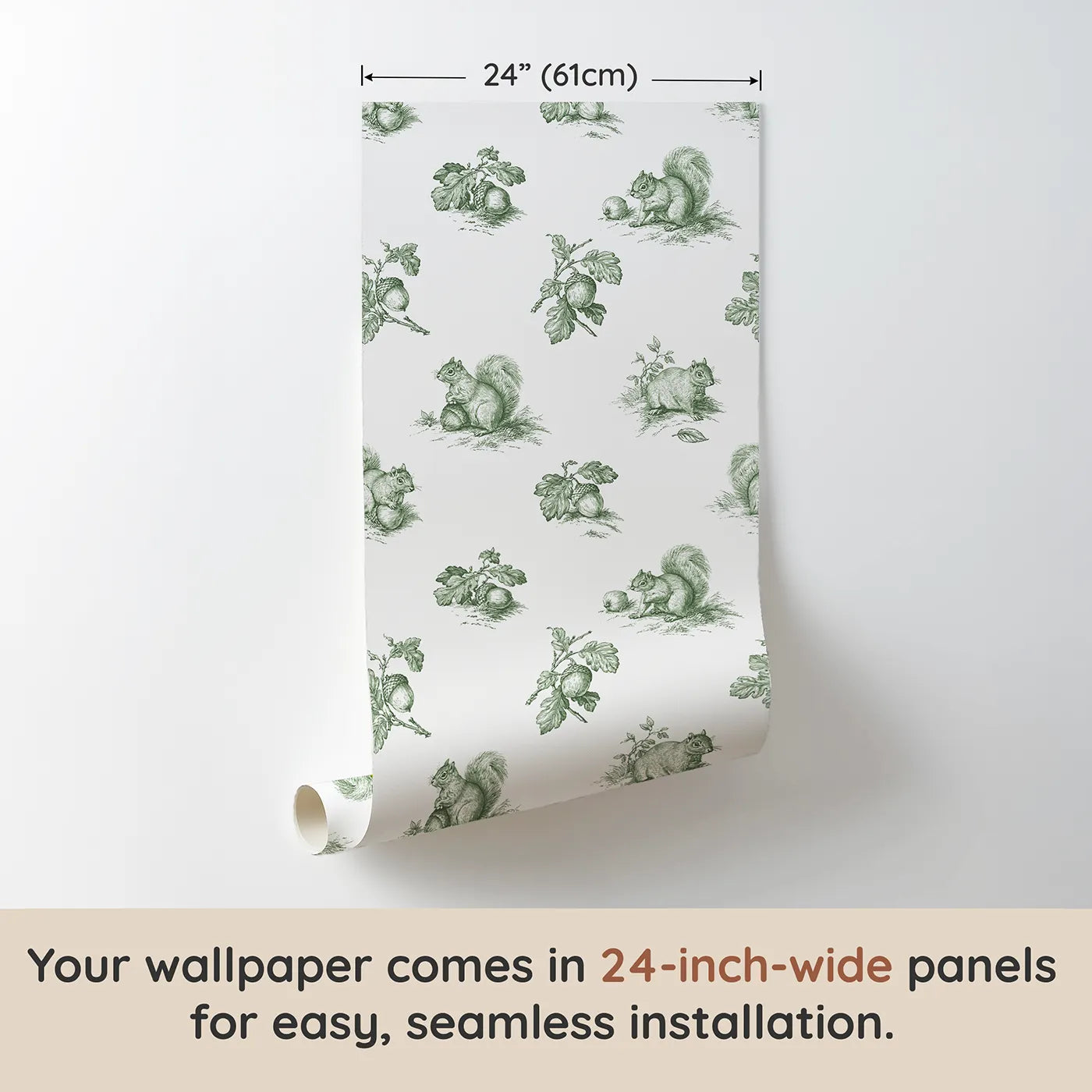 Squirrel Toile Scene in Green wallpaper panel dimensions - Whimsy Tots