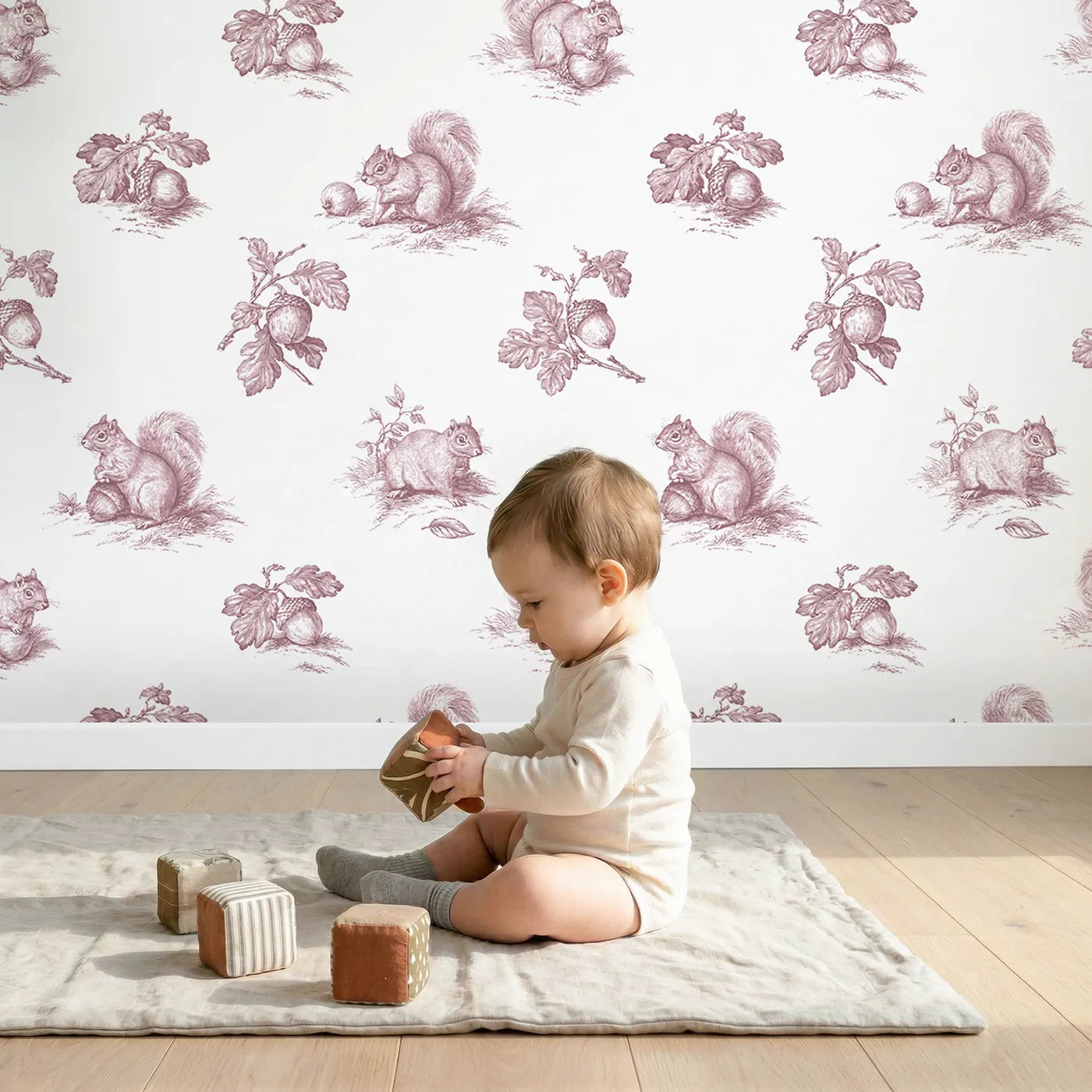 Squirrel Toile Scene in Pink wallpaper in a cozy kids room - Whimsy Tots