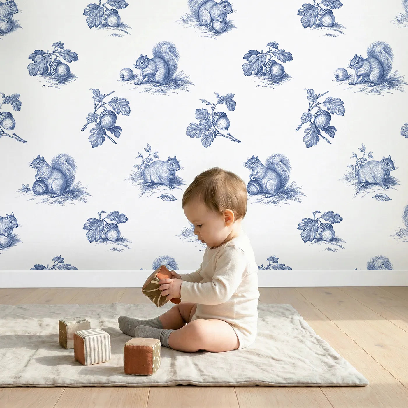 Squirrel Toile Scene wallpaper in a cozy kids room - Whimsy Tots