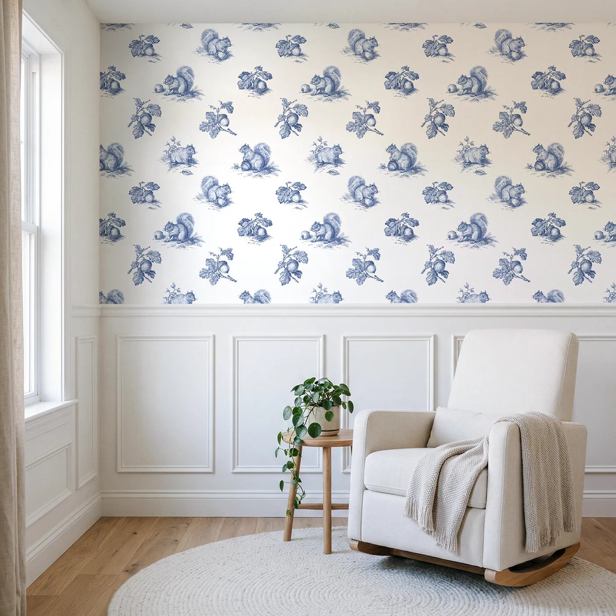Squirrel Toile Scene wallpaper above wainscoting - Whimsy Tots