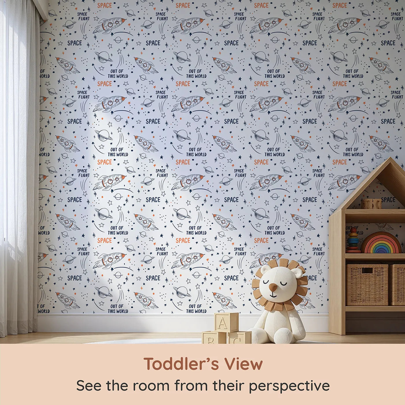 Whimsy Tots Rocket Doodle Space Flight Wallpaper (W2001) from your child's view.Blast off into a universe of doodles and dreams.