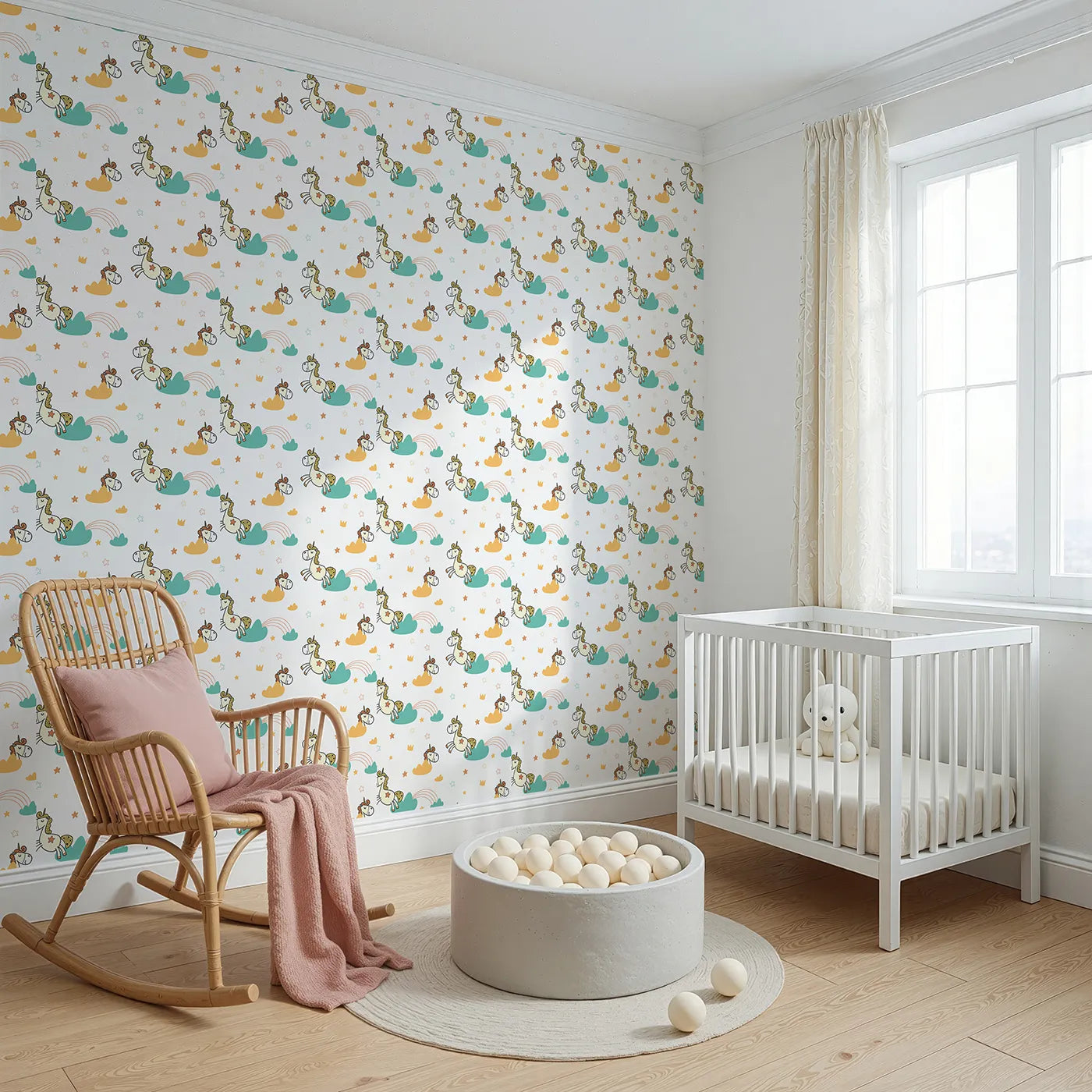 Angled view of Whimsy Tots' Unicorn Rainbow Cloud Wallpaper (W2002).Where happy unicorns leap over clouds and rainbows.