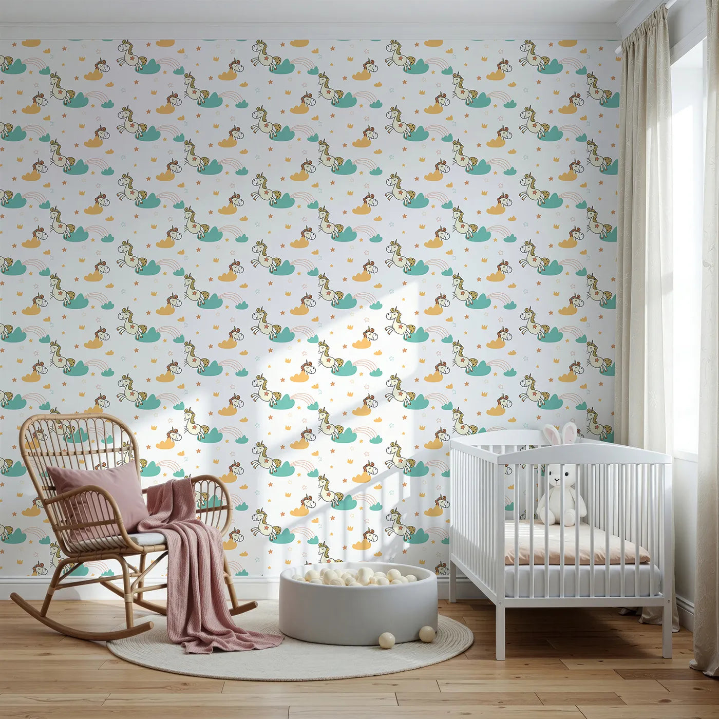 Front view of Whimsy Tots' Unicorn Rainbow Cloud Wallpaper