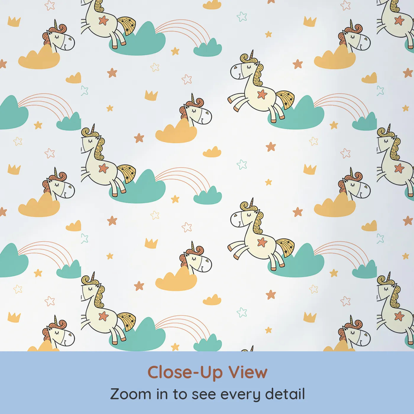 Close-up view of Whimsy Tots' Unicorn Rainbow Cloud Wallpaper (W2002).Where happy unicorns leap over clouds and rainbows.
