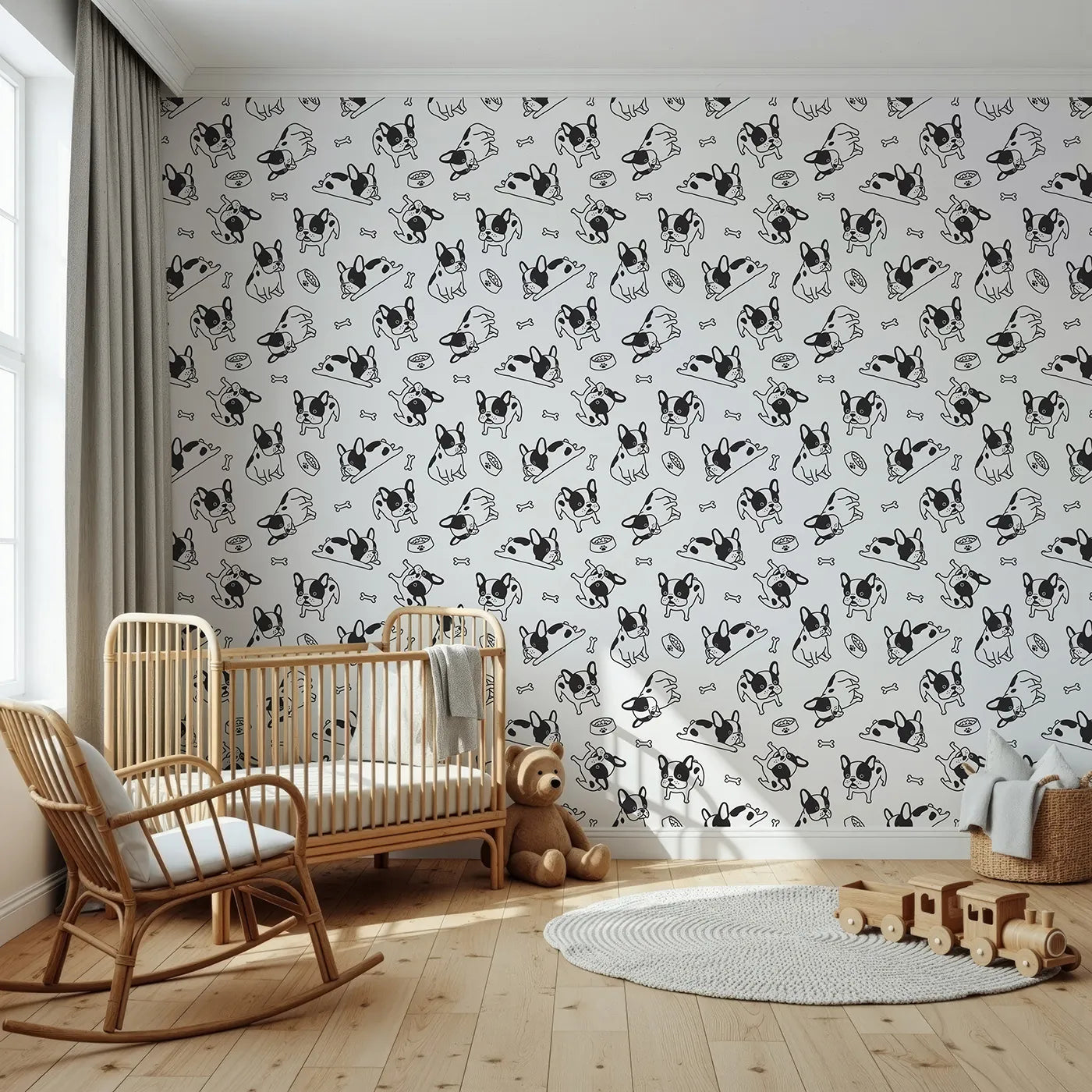 Front view of Whimsy Tots' Playful French Bulldog Wallpaper