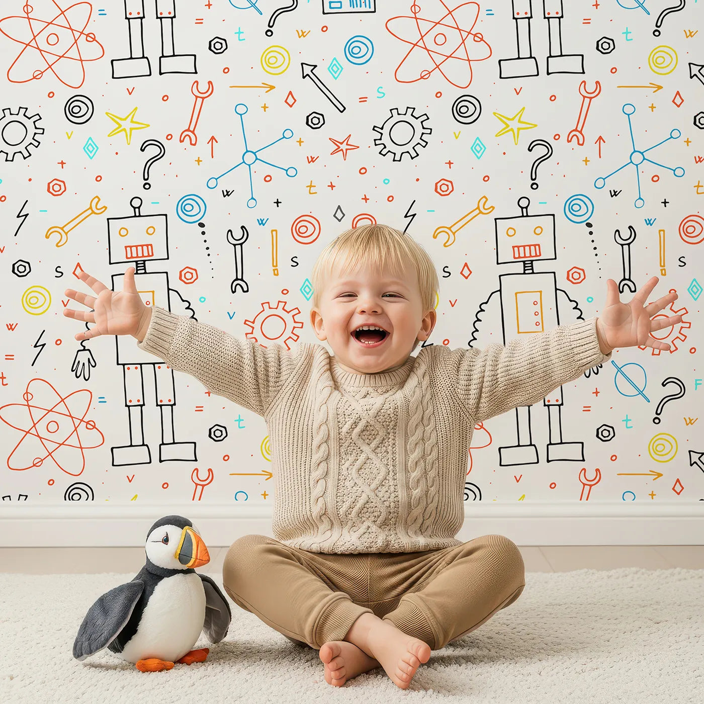 Lovely child standing in front of Whimsy Tots Curious Robot Doodle Wallpaper with robot, science, stem, gear, atom in design.