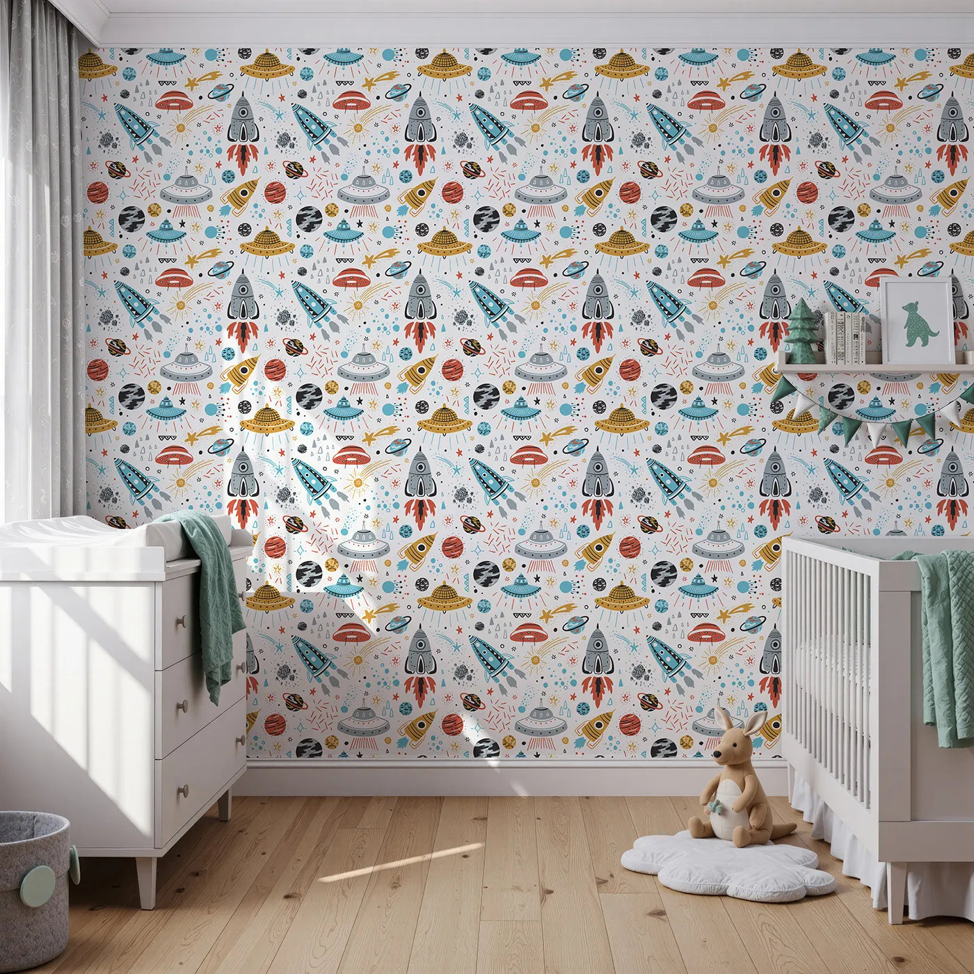 Front view of Whimsy Tots' Retro Space Adventure Wallpaper