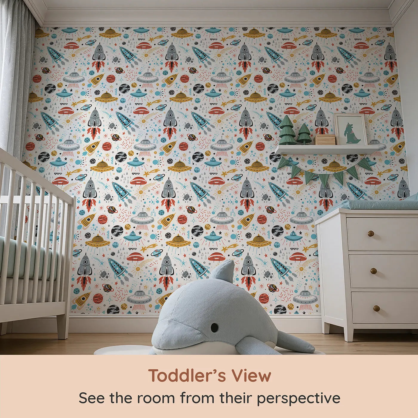 Whimsy Tots Retro Space Adventure Wallpaper (W2006) from your child's view.Where colorful rockets and friendly UFOs explore the galaxy.