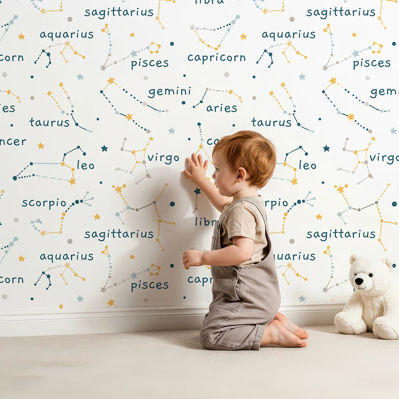 Lovely child standing in front of Whimsy Tots Zodiac Constellation Wallpaper with zodiac, constellation, star, space, astrology in design.