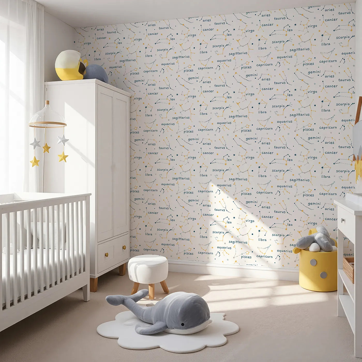 Angled view of Whimsy Tots' Zodiac Constellation Wallpaper (W2007).Where the stars connect to tell ancient, magical stories.