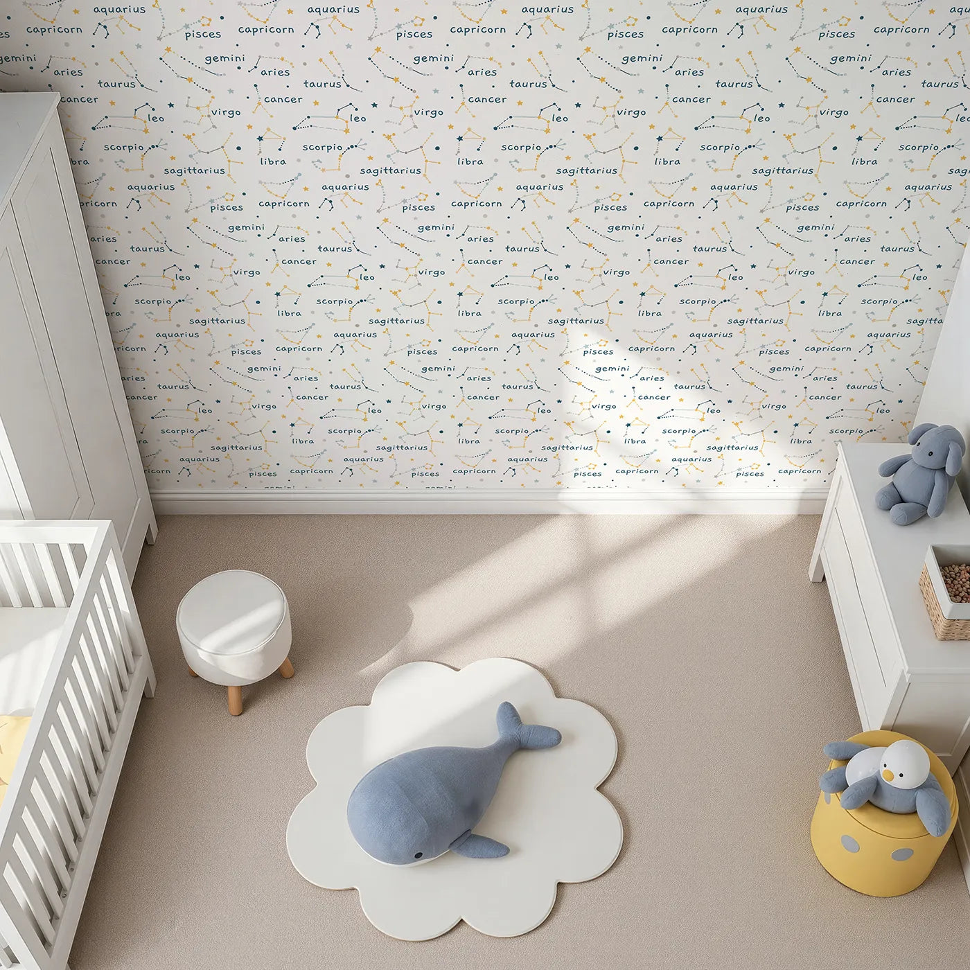 Top-Down view of Whimsy Tots' Zodiac Constellation Wallpaper (W2007).Where the stars connect to tell ancient, magical stories.