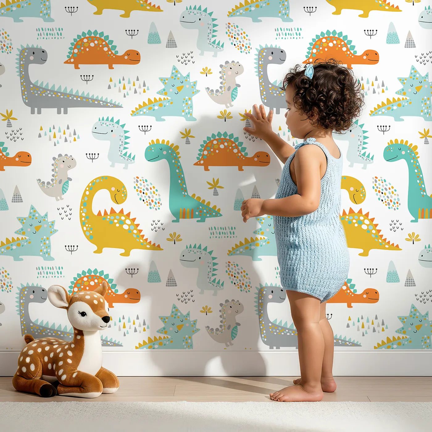 Lovely child standing in front of Whimsy Tots Friendly Dino Friends Wallpaper in Multicolor with dinosaur, brontosaurus, stegosaurus, triceratops, volcano in design.