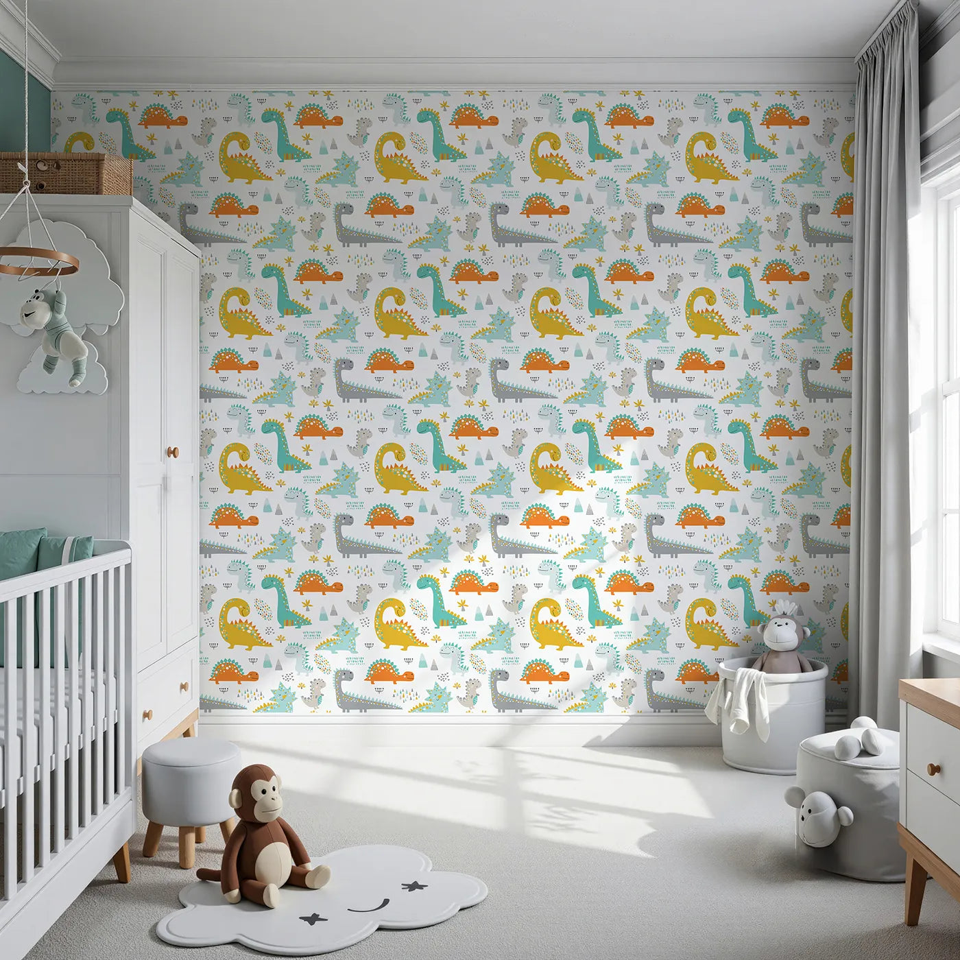 Front view of Whimsy Tots' Friendly Dino Friends Wallpaper in Multicolor