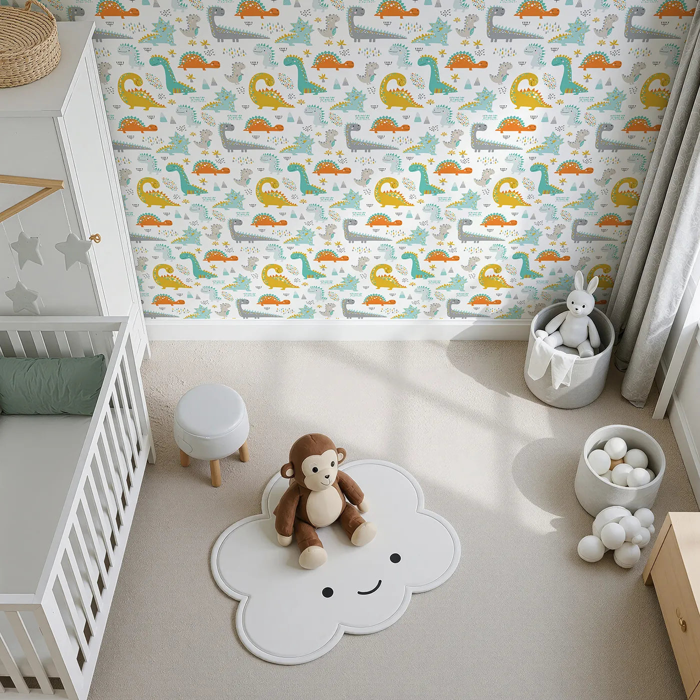Top-Down view of Whimsy Tots' Friendly Dino Friends Wallpaper in Multicolor (W2008).Where the kindest, most colorful dinosaurs come out to play.
