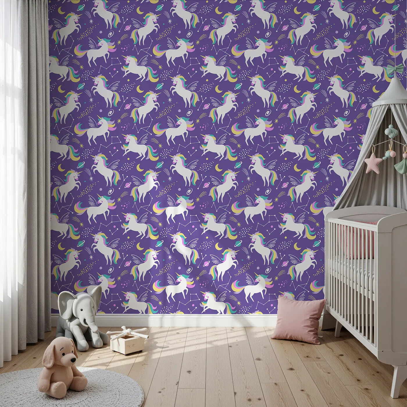 Front view of Whimsy Tots' Cosmic Unicorn Galaxy Wallpaper in Purple
