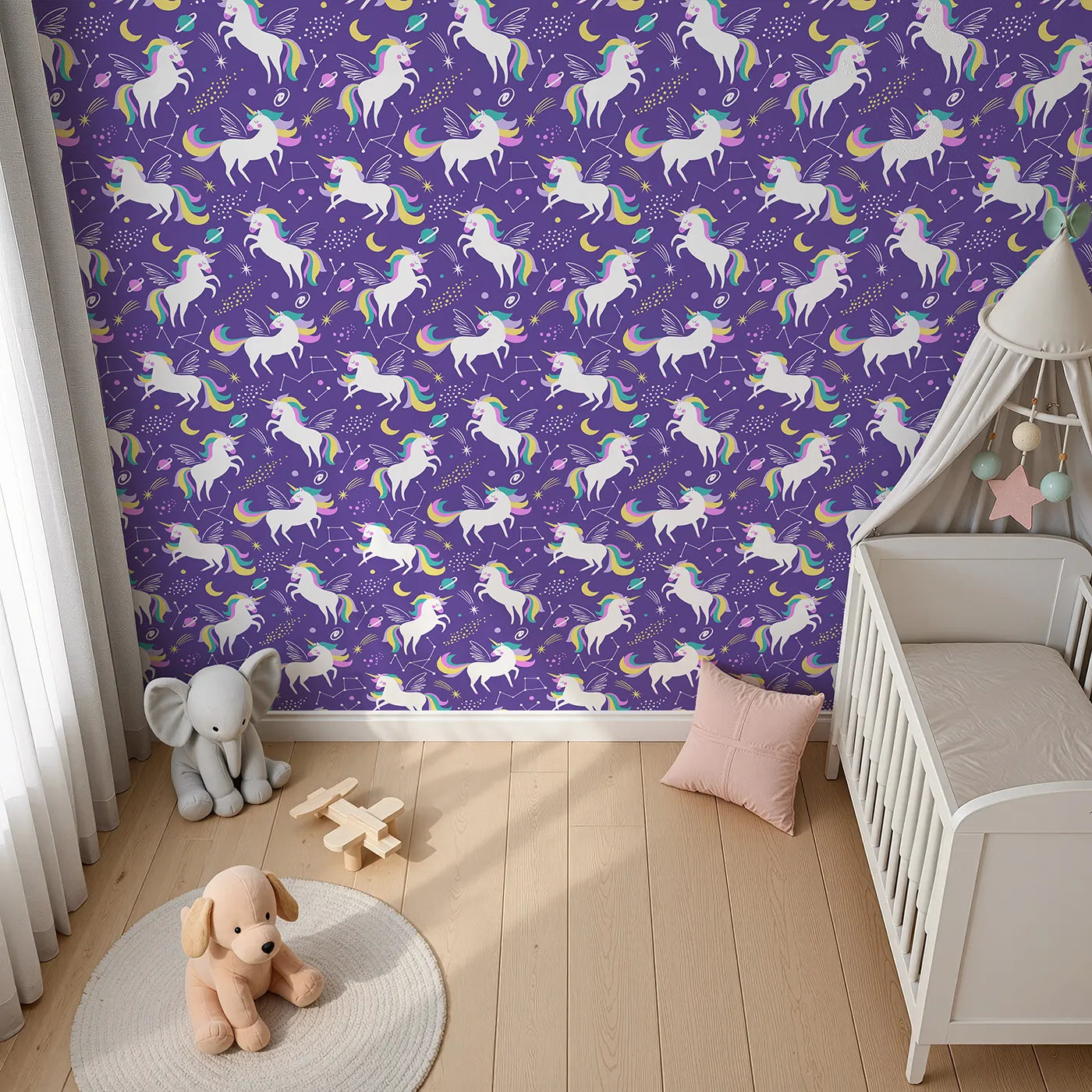 Top-Down view of Whimsy Tots' Cosmic Unicorn Galaxy Wallpaper in Purple (W2010).Where winged unicorns dance among the stars and planets.