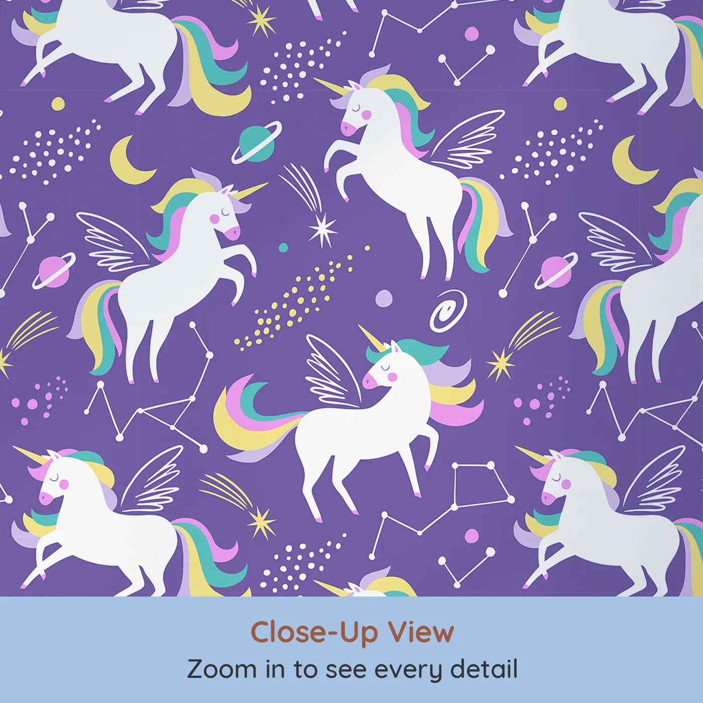 Close-up view of Whimsy Tots' Cosmic Unicorn Galaxy Wallpaper in Purple (W2010).Where winged unicorns dance among the stars and planets.