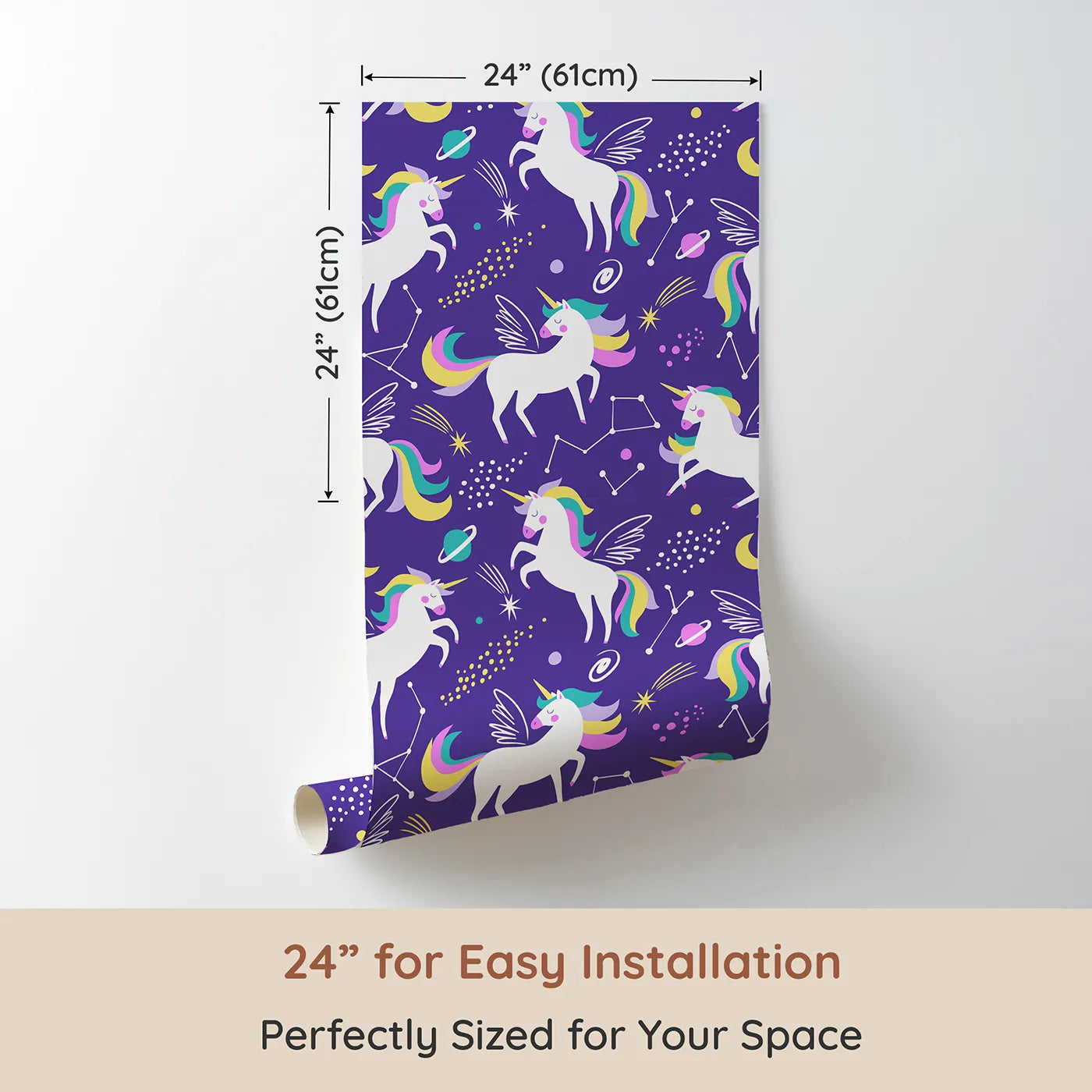 Dimension view of Whimsy Tots Cosmic Unicorn Galaxy Wallpaper in Purple (W2010). Printed in 24-inch-wide panel for easy installation. Where winged unicorns dance among the stars and planets.