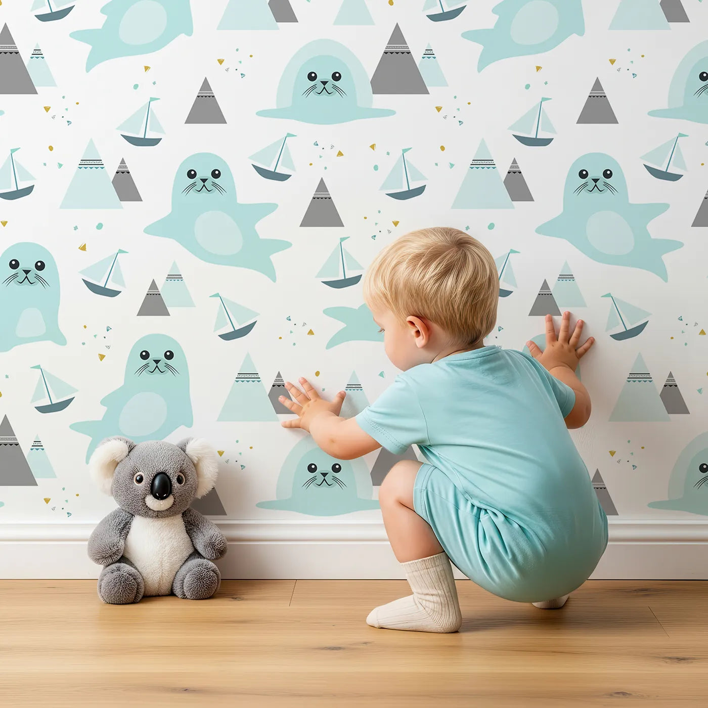 Lovely child standing in front of Whimsy Tots Arctic Seal Adventure Wallpaper with seal, boat, mountain, arctic, sea in design.