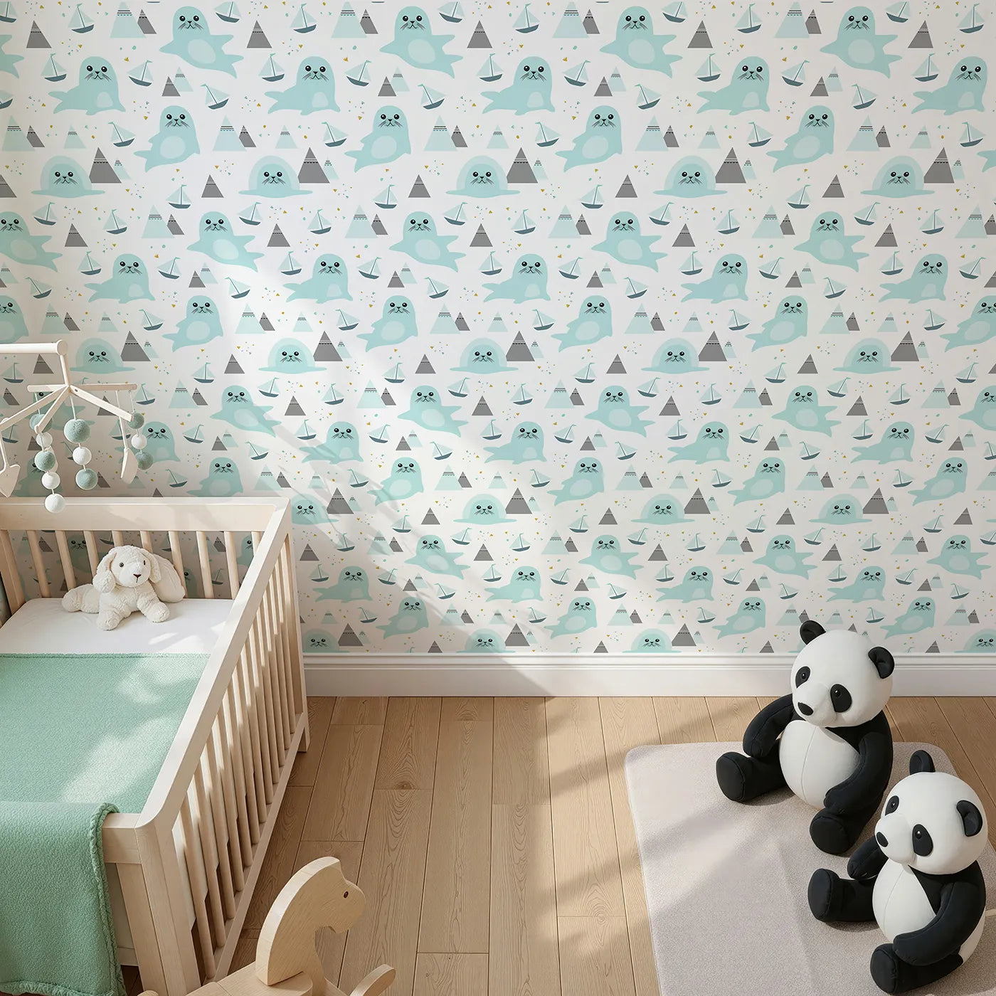 Top-Down view of Whimsy Tots' Arctic Seal Adventure Wallpaper (W2011).Where friendly seals and little sailboats explore snowy peaks.