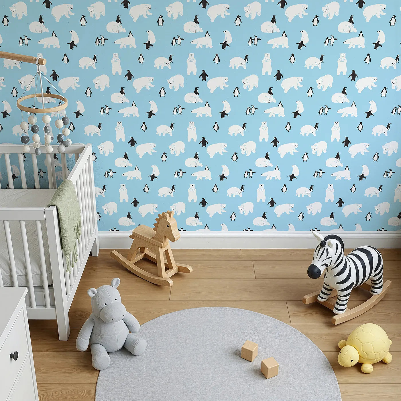Top-Down view of Whimsy Tots' Polar Bear and Penguin Pals Wallpaper (W2012).Where cheerful polar bears and penguins gather for frosty fun.