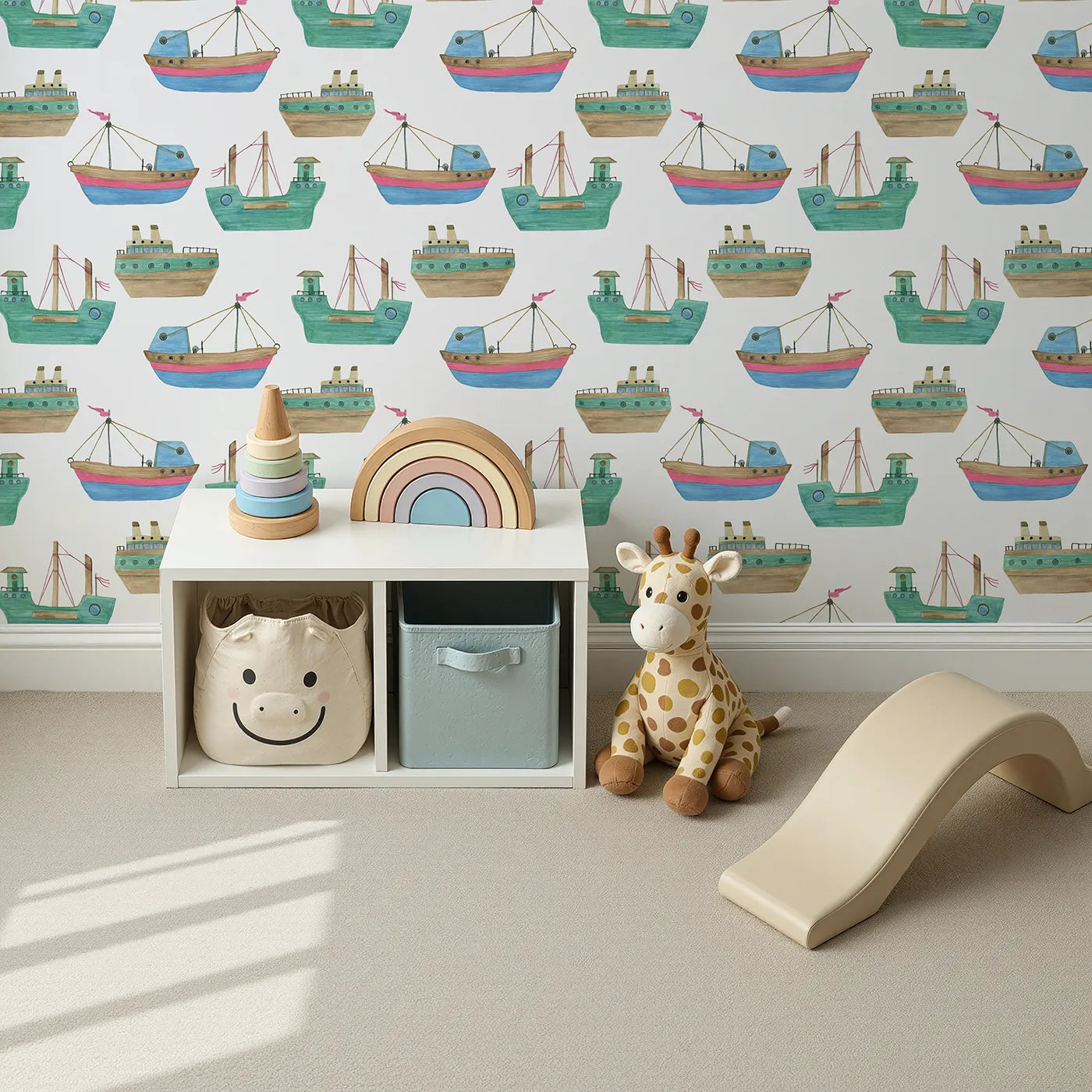 Top-Down view of Whimsy Tots' Watercolor Fishing Boats Wallpaper (W2013).Where gentle, hand-painted boats bob on imaginary waves.