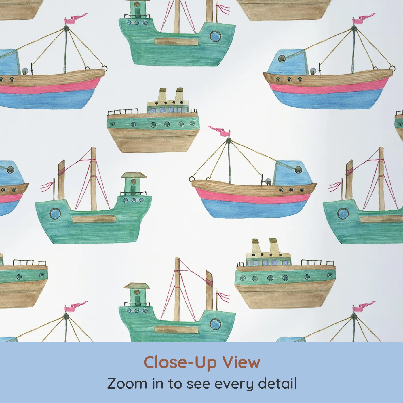 Close-up view of Whimsy Tots' Watercolor Fishing Boats Wallpaper (W2013).Where gentle, hand-painted boats bob on imaginary waves.