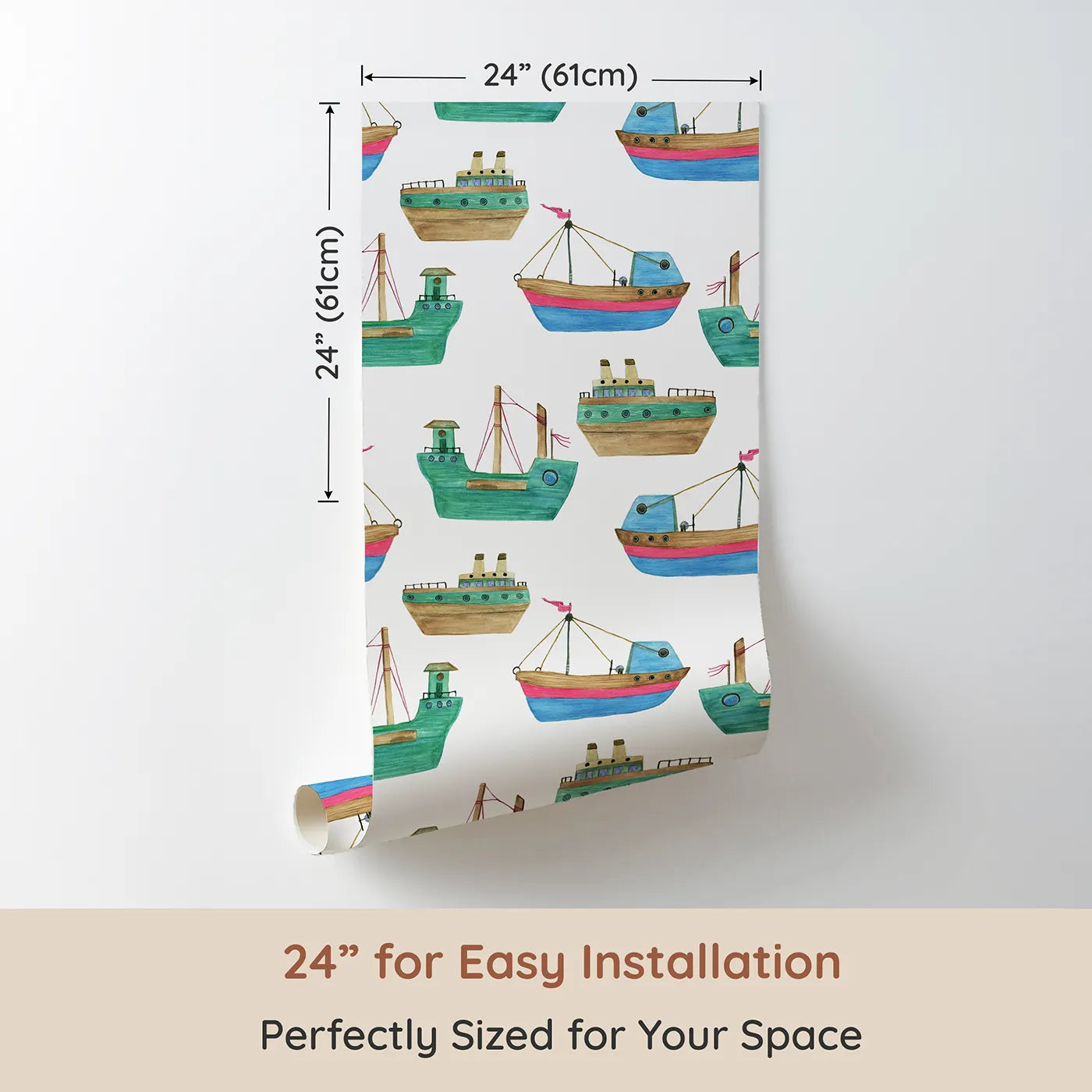 Dimension view of Whimsy Tots Watercolor Fishing Boats Wallpaper (W2013). Printed in 24-inch-wide panel for easy installation. Where gentle, hand-painted boats bob on imaginary waves.