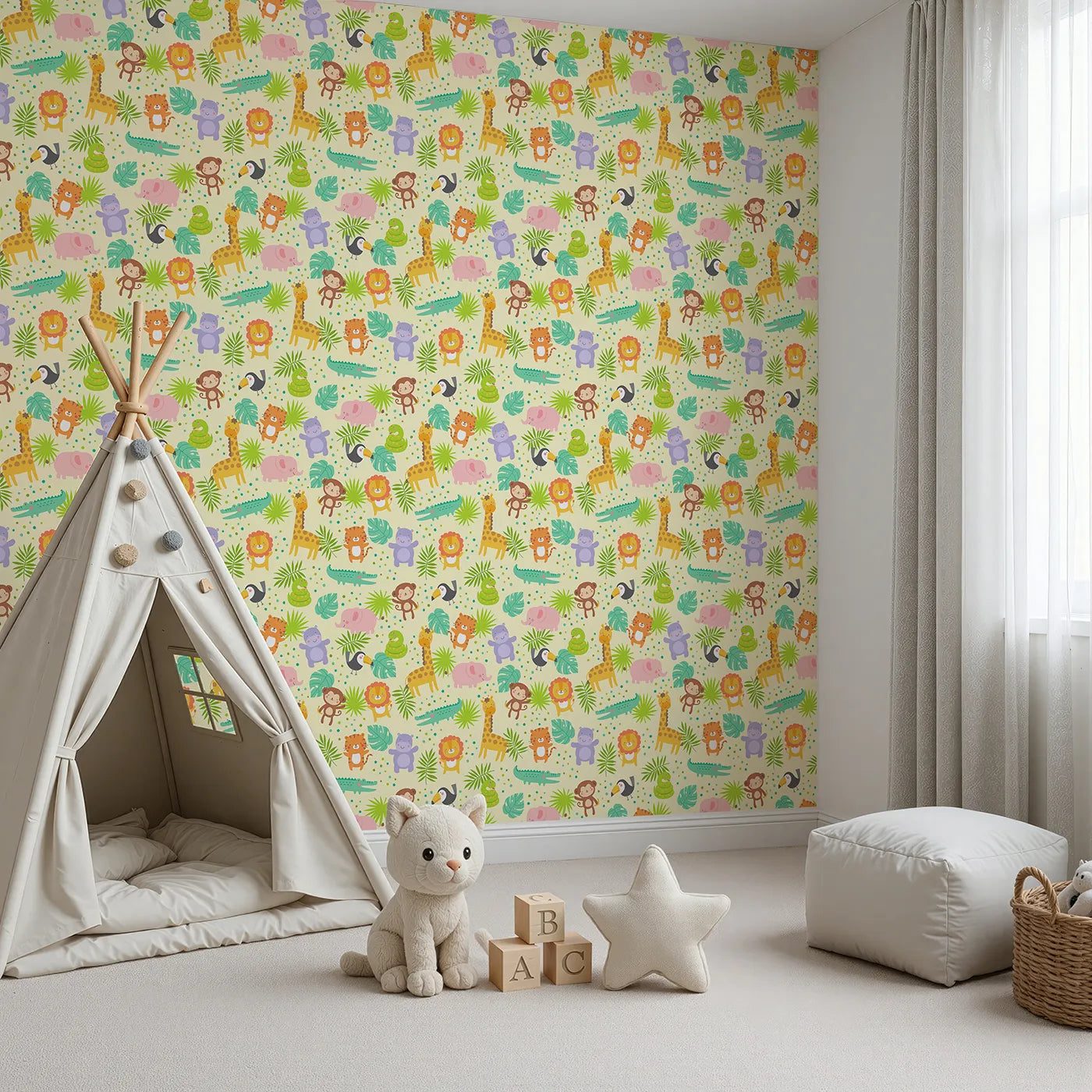 Angled view of Whimsy Tots' Happy Jungle Friends Wallpaper (W2015).Where all the friendliest animals gather for fun and games.
