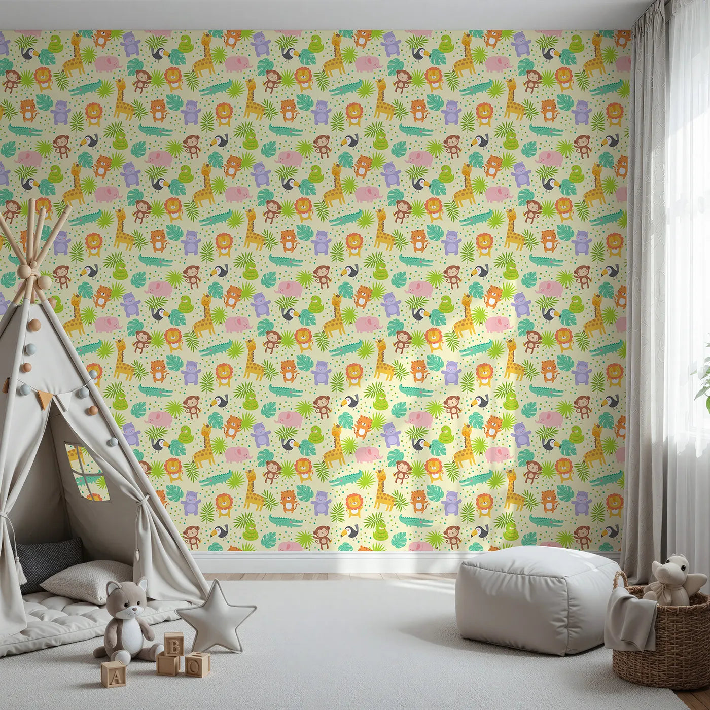 Front view of Whimsy Tots' Happy Jungle Friends Wallpaper
