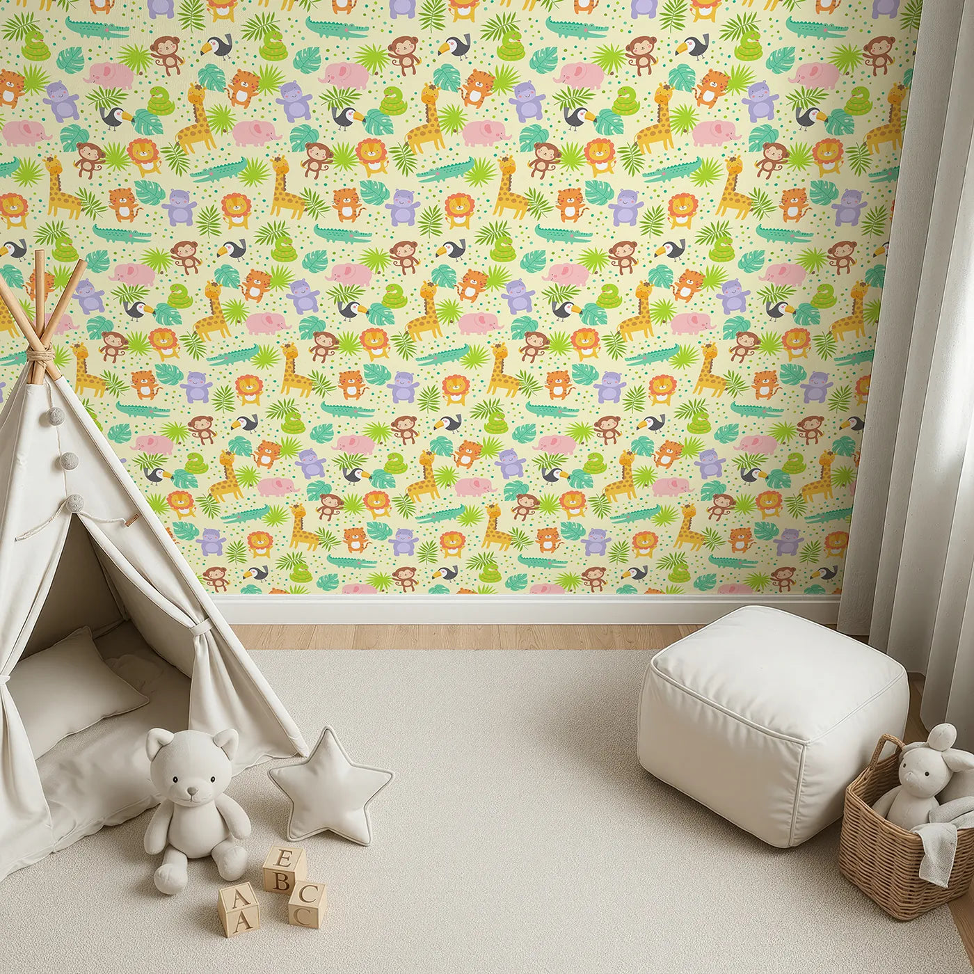 Top-Down view of Whimsy Tots' Happy Jungle Friends Wallpaper (W2015).Where all the friendliest animals gather for fun and games.