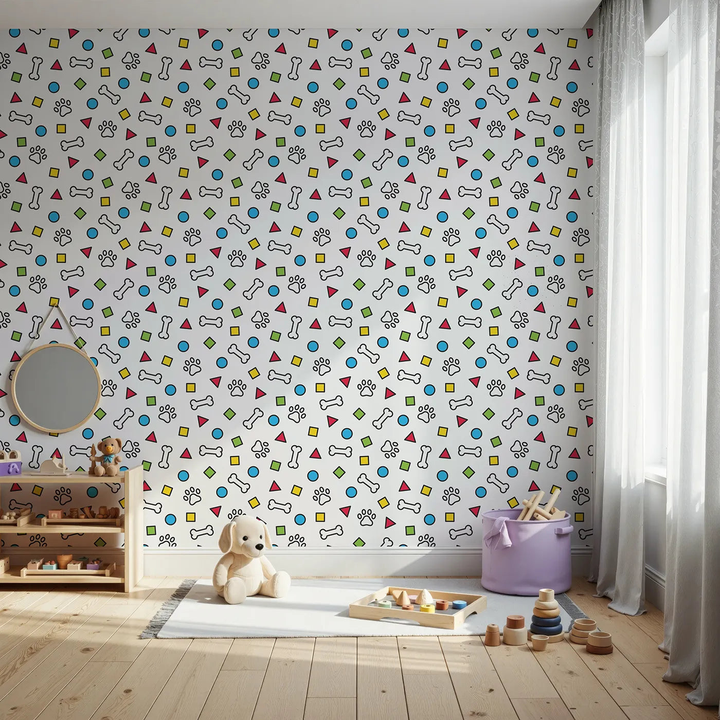 Front view of Whimsy Tots' Playful Paws and Shapes Wallpaper