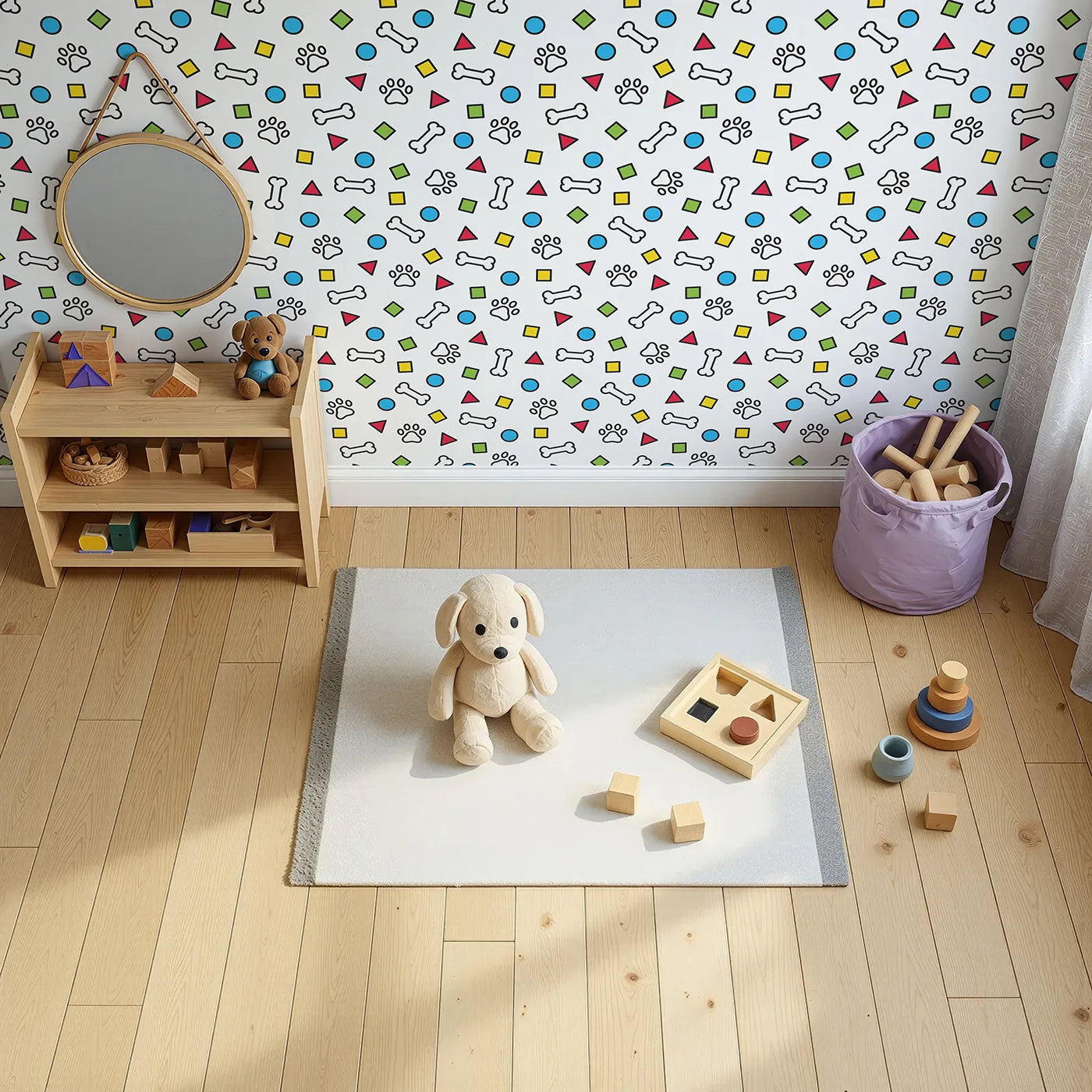 Top-Down view of Whimsy Tots' Playful Paws and Shapes Wallpaper (W2016).Where colorful shapes, bones, and paw prints are ready for fun.