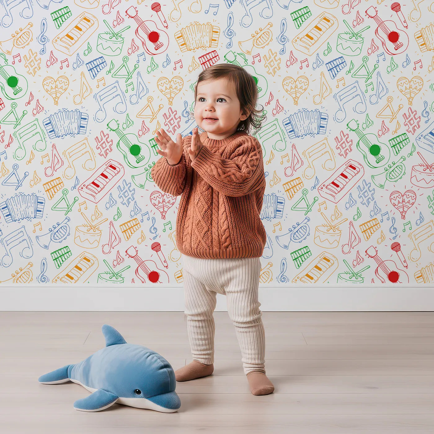 Lovely child standing in front of Whimsy Tots Rainbow Music Doodle Wallpaper with music, instrument, note, guitar, piano in design.