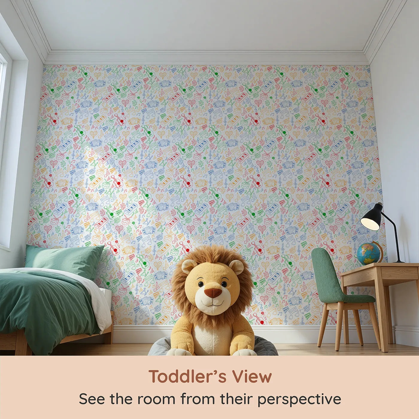 Whimsy Tots Rainbow Music Doodle Wallpaper (W2018) from your child's view.Where musical instruments and happy notes fill the air.