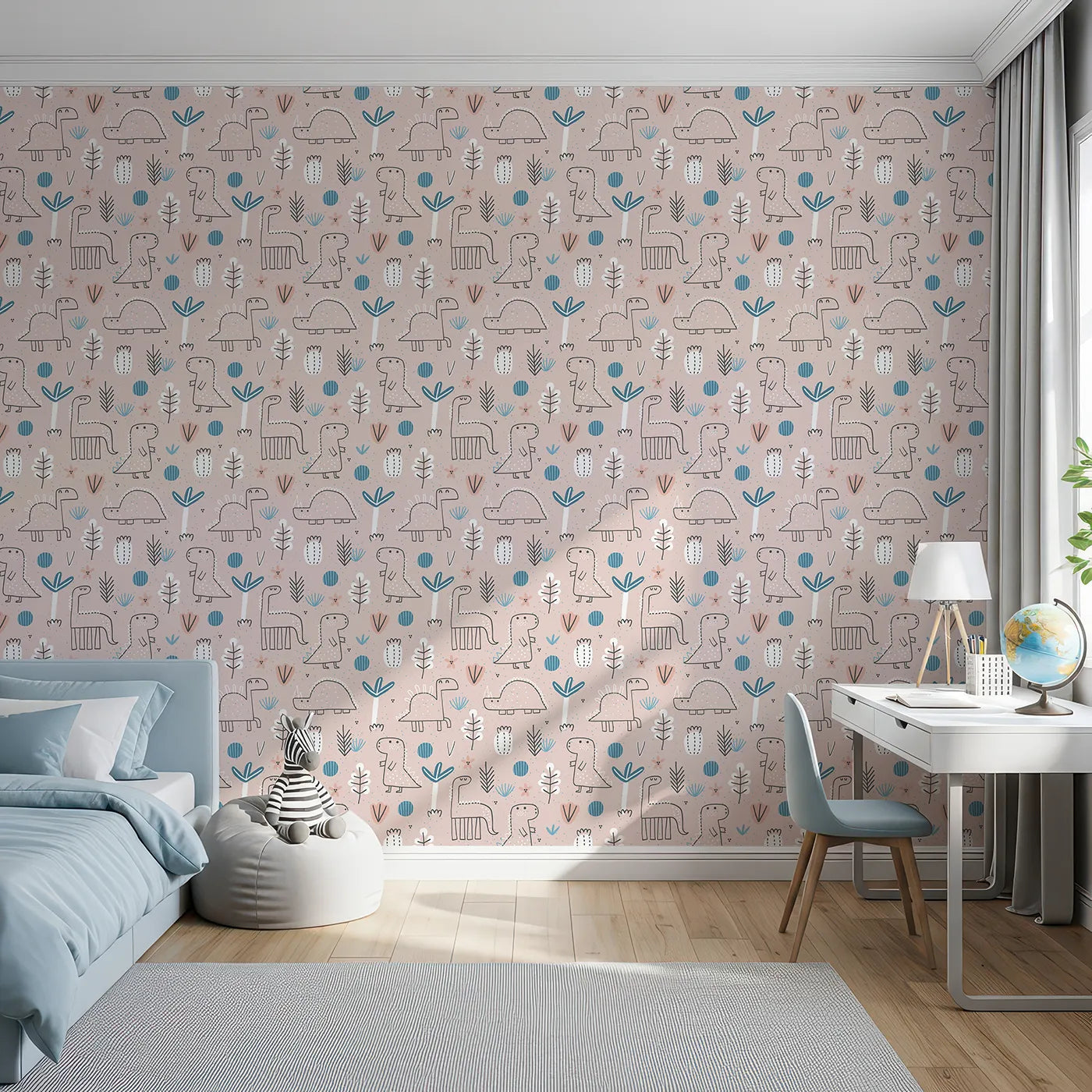 Front view of Whimsy Tots' Boho Dino Doodle Wallpaper in Pink