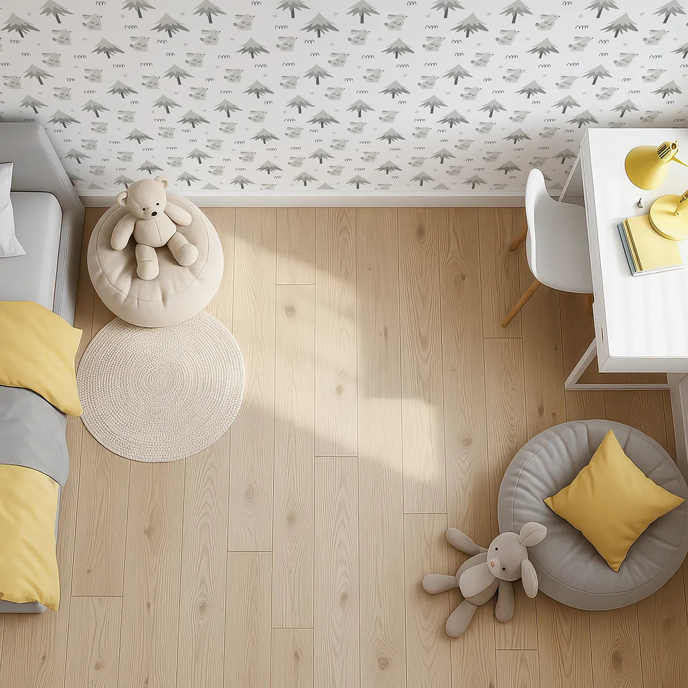 Top-Down view of Whimsy Tots' Winter Bunny Forest Wallpaper in Gray (W2021).Where quiet bunnies hop through a soft, snowy wonderland.
