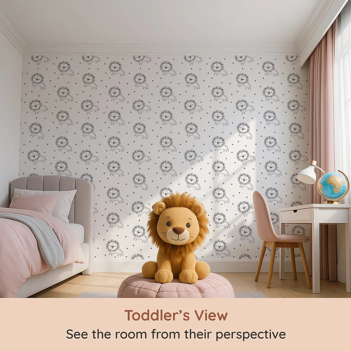 Whimsy Tots Doodle Lion Dots Wallpaper (W2022) from your child's view.Where the friendliest little lions are waiting for a cuddle.