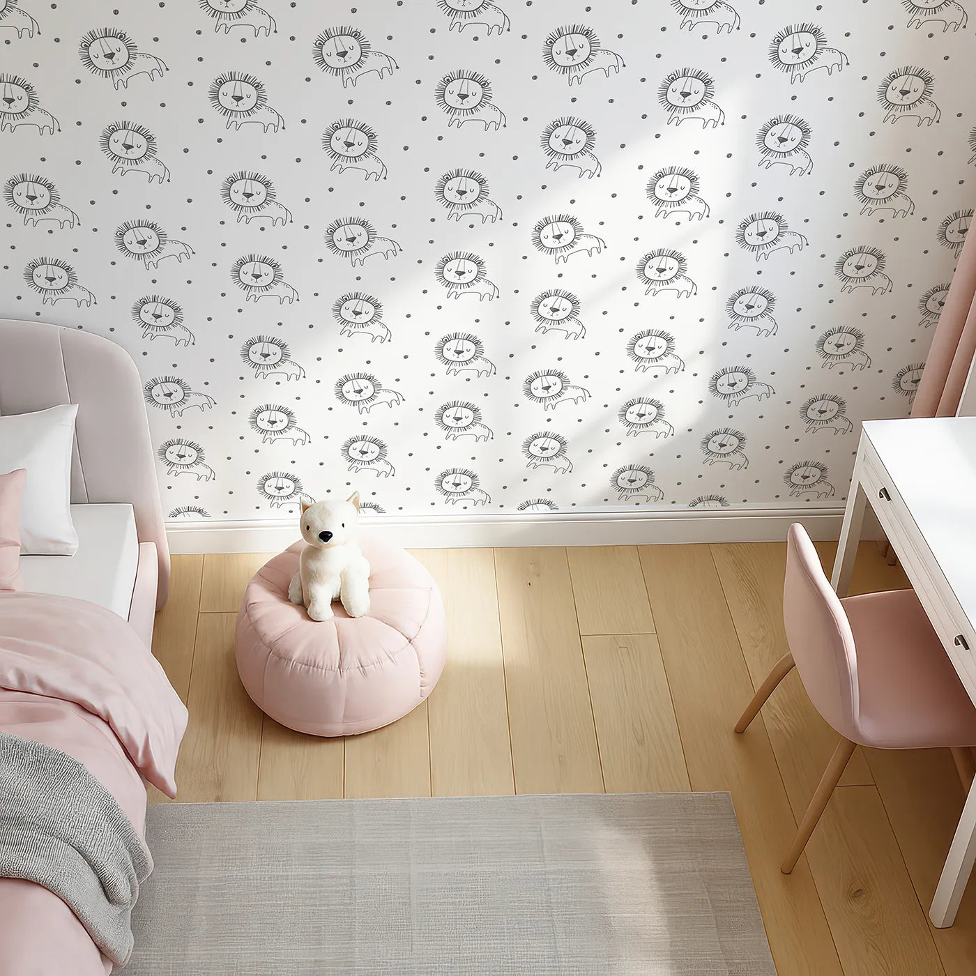 Top-Down view of Whimsy Tots' Doodle Lion Dots Wallpaper (W2022).Where the friendliest little lions are waiting for a cuddle.